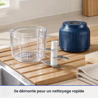 Bol transparent et couteau du mini hachoir sans fil bleu marine lavés sur un égouttoir près de l'évier, moteur au sec