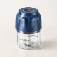 Mini hachoir électrique sans fil bleu marine à couvercle cannelé et cadran sur le dessus, bol transparent de 250 ml