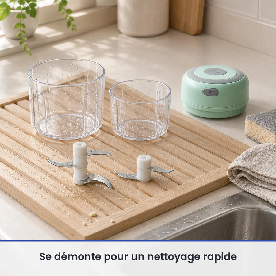 Deux bols transparents et deux couteaux du mini hachoir vert menthe lavés sur un égouttoir, couvercle-moteur posé au sec