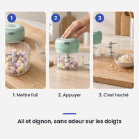 Comment utiliser le mini hachoir électrique vert 30W 100ml + 250 ml en 3 étapes : mettre l'ail, appuyer, c'est haché