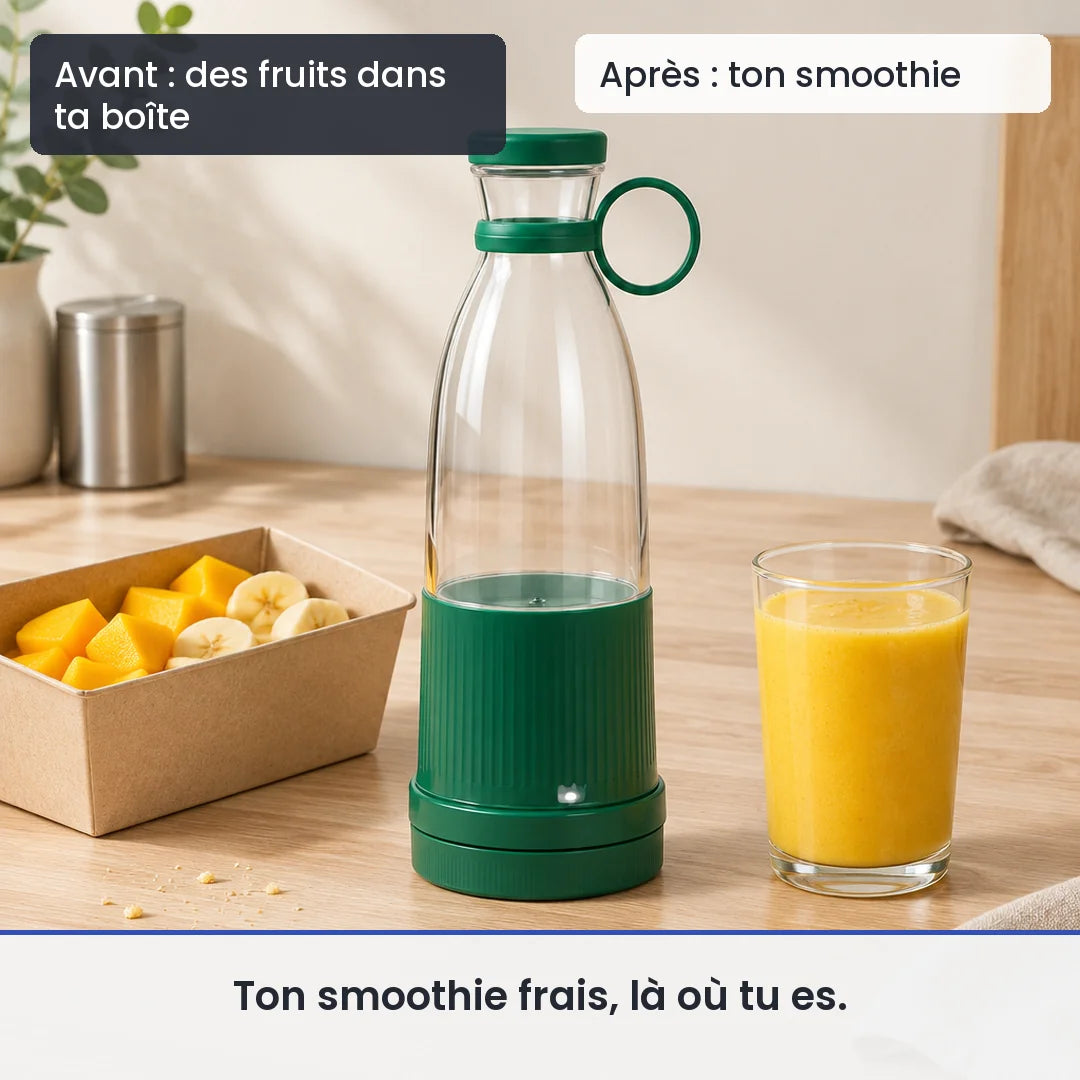 Avant/après avec le mini hachoir électrique vert portable 6 lames : des fruits dans ta boîte, puis ton smoothie