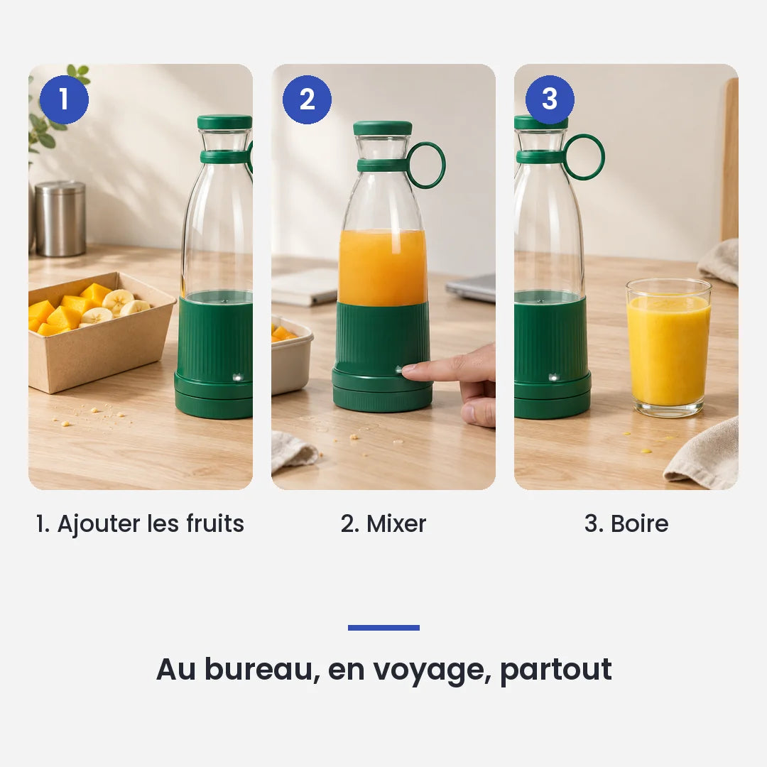 Comment utiliser le mini hachoir électrique vert portable 6 lames en 3 étapes : ajouter les fruits, mixer, boire