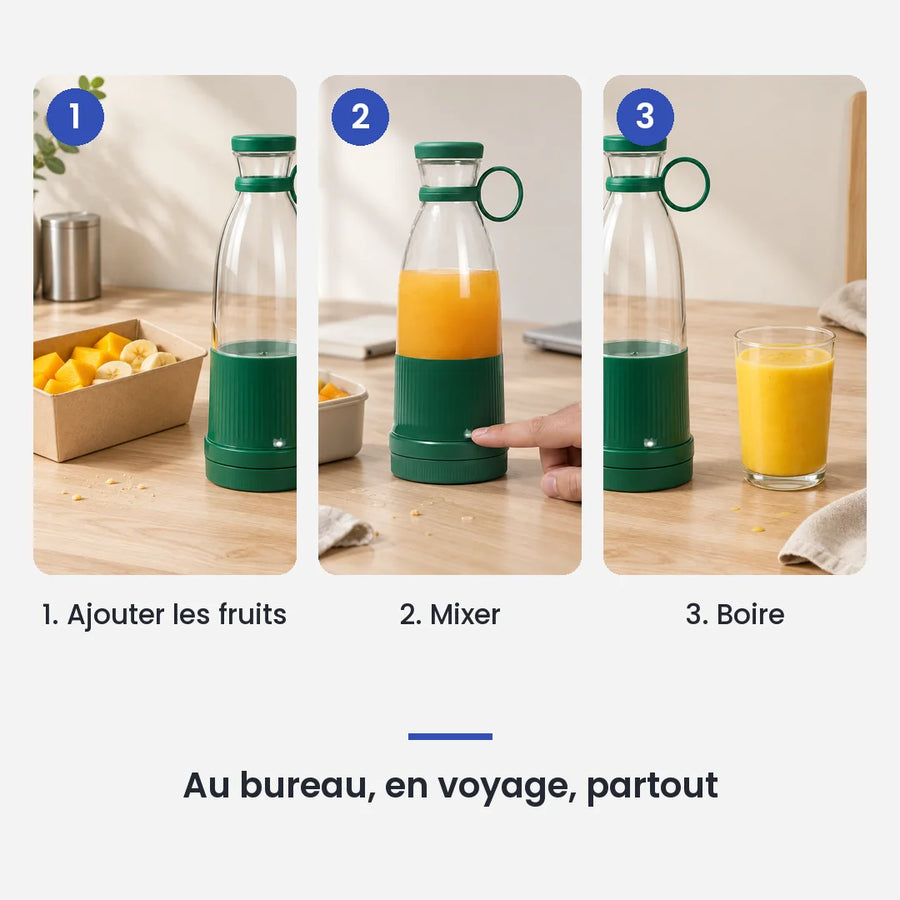 Comment utiliser le mini hachoir électrique vert portable 6 lames en 3 étapes : ajouter les fruits, mixer, boire