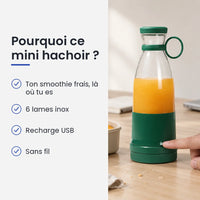 Pourquoi choisir ce mini hachoir : ton smoothie frais, là où tu es, 6 lames inox, recharge USB, sans fil