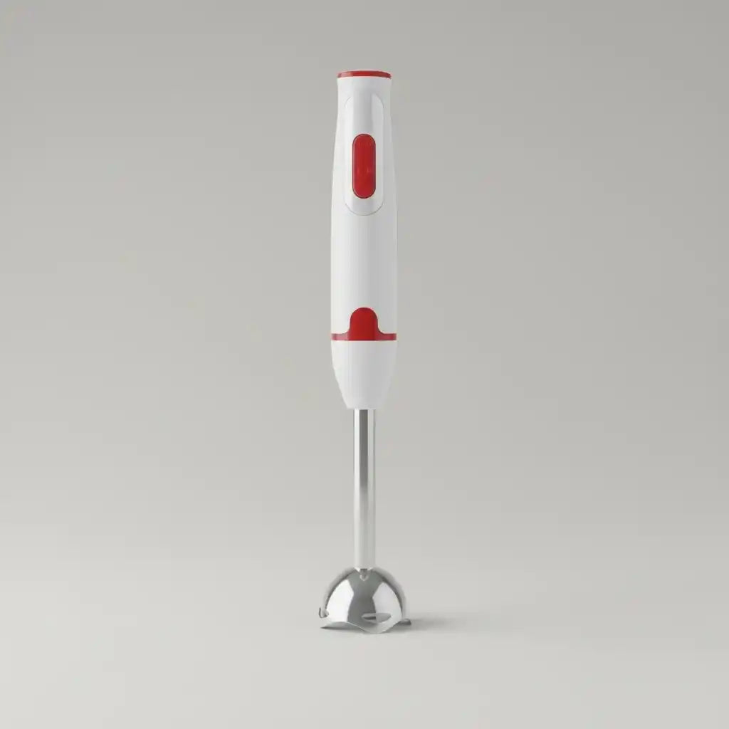 Hachoir blender électrique blanc-rouge 300W mixeur plongeant en situation d'utilisation