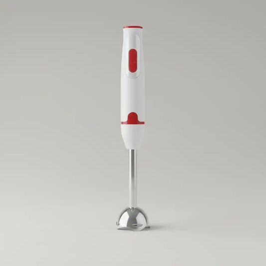 Hachoir blender électrique blanc-rouge 300W mixeur plongeant en situation d'utilisation