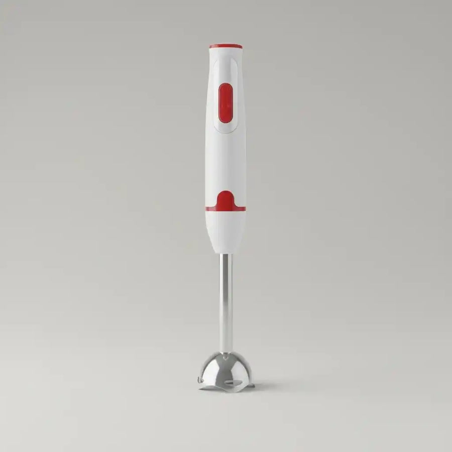 Hachoir blender électrique blanc-rouge 300W mixeur plongeant en situation d'utilisation