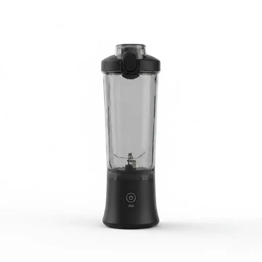 Mixeur portable rechargeable noir avec cuve transparente à facettes diamant et base noire mate, sur fond blanc