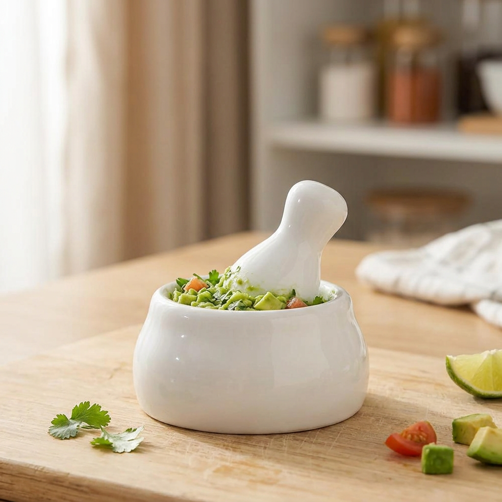 Mortier et pilon en céramique blanche, en situation dans la cuisine