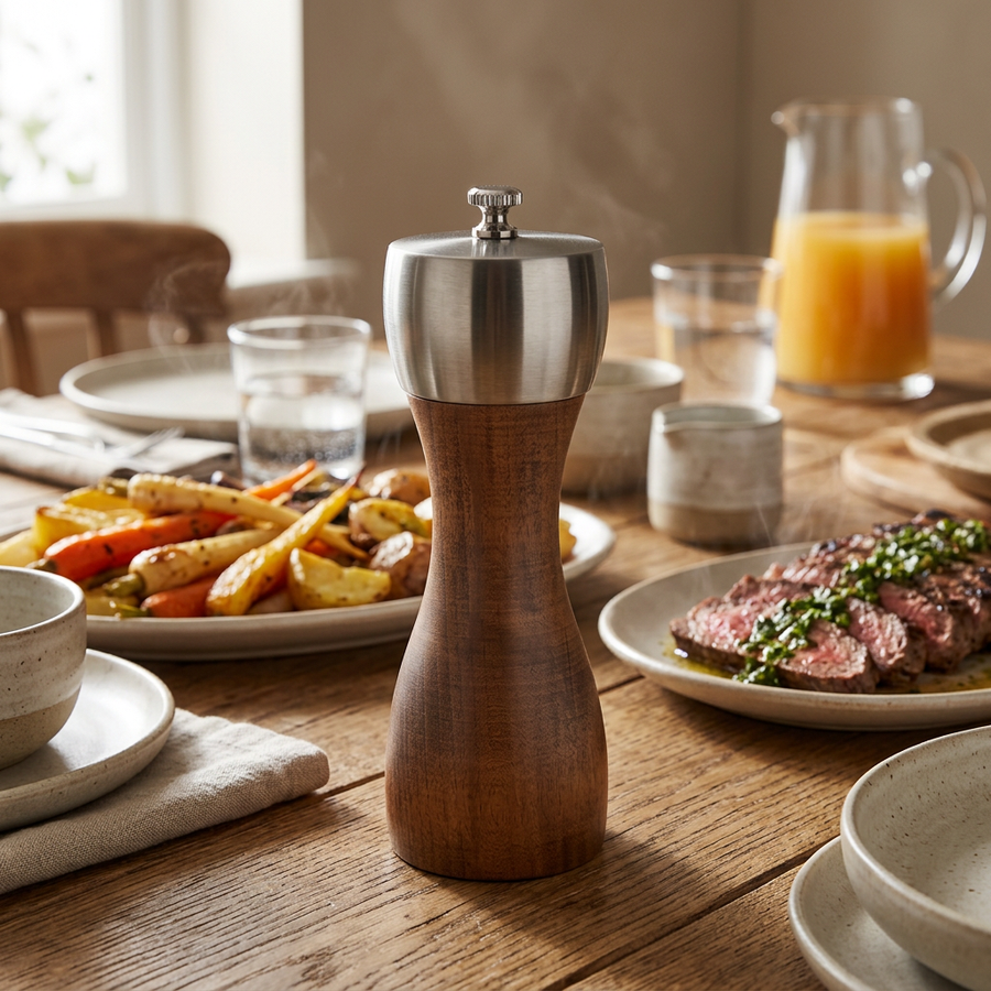Moulin à poivre en hêtre premium, tête inox, en situation dans la cuisine