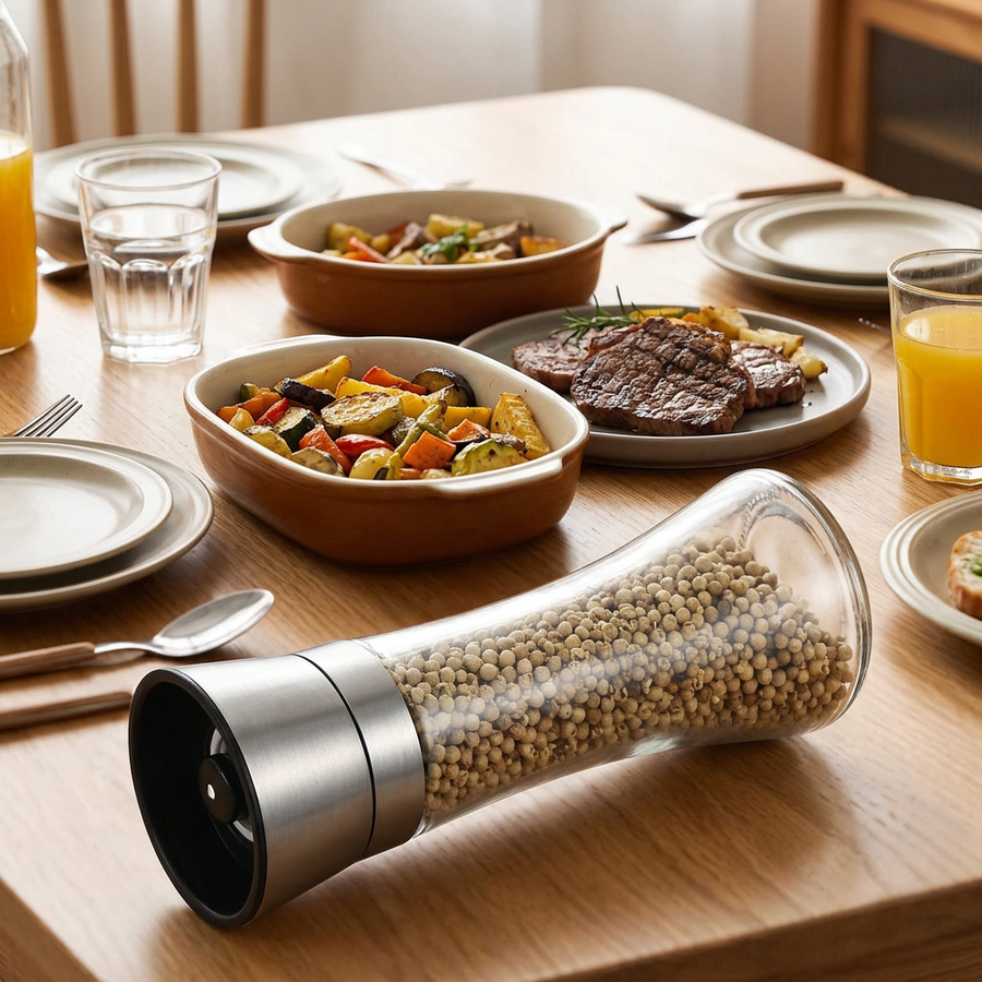 Moulin à poivre manuel inox et verre, en situation dans la cuisine