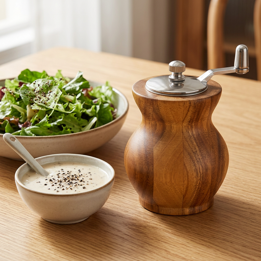 Moulin à poivre en bois à manivelle, forme vase, résultat obtenu
