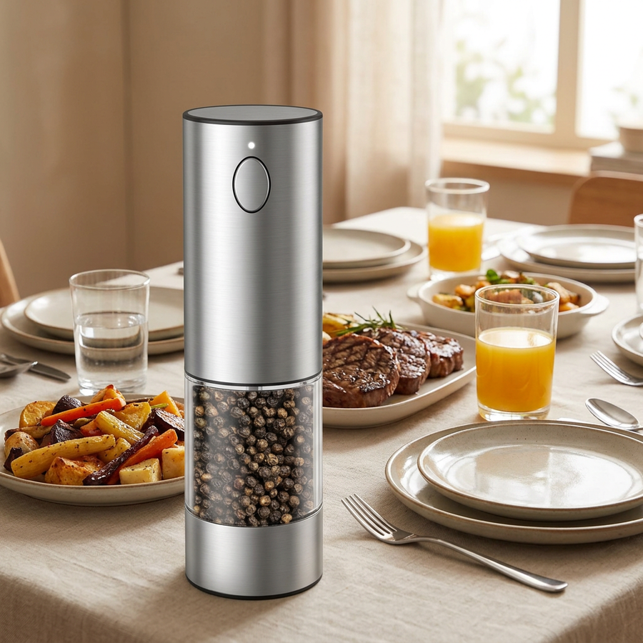 Moulin à poivre électrique inox, rechargeable avec socle, en situation dans la cuisine