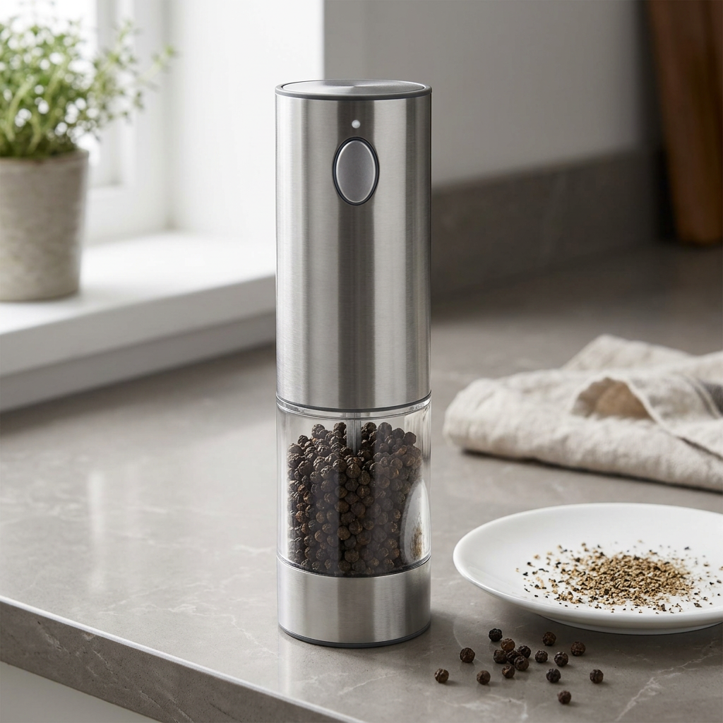 Moulin à poivre électrique inox, rechargeable avec socle, résultat obtenu