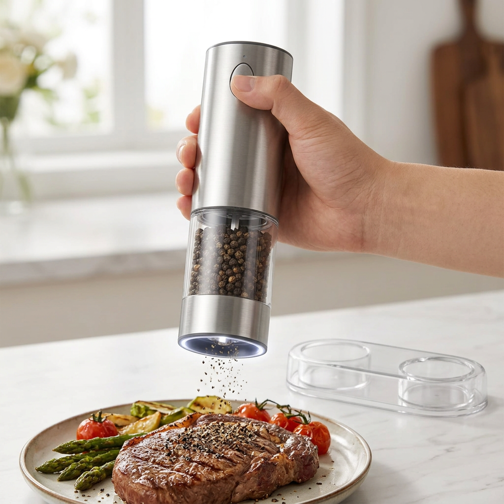 Moulin à poivre électrique inox, rechargeable avec socle, en cours d'utilisation