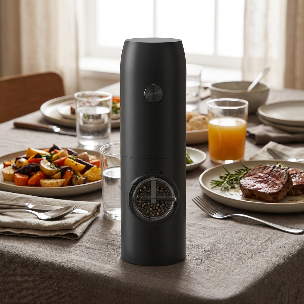 Moulin à poivre électrique noir avec lumière LED, en situation dans la cuisine