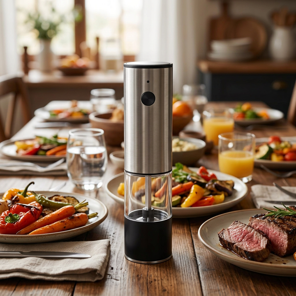Moulin à poivre automatique compact rechargeable, en situation dans la cuisine