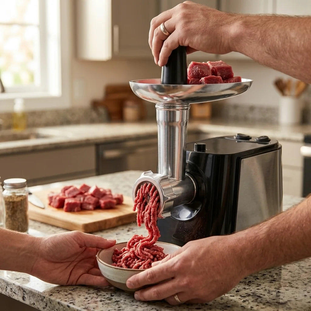 Démonstration du hachoir à viande électrique 750W préparant de la viande hachée