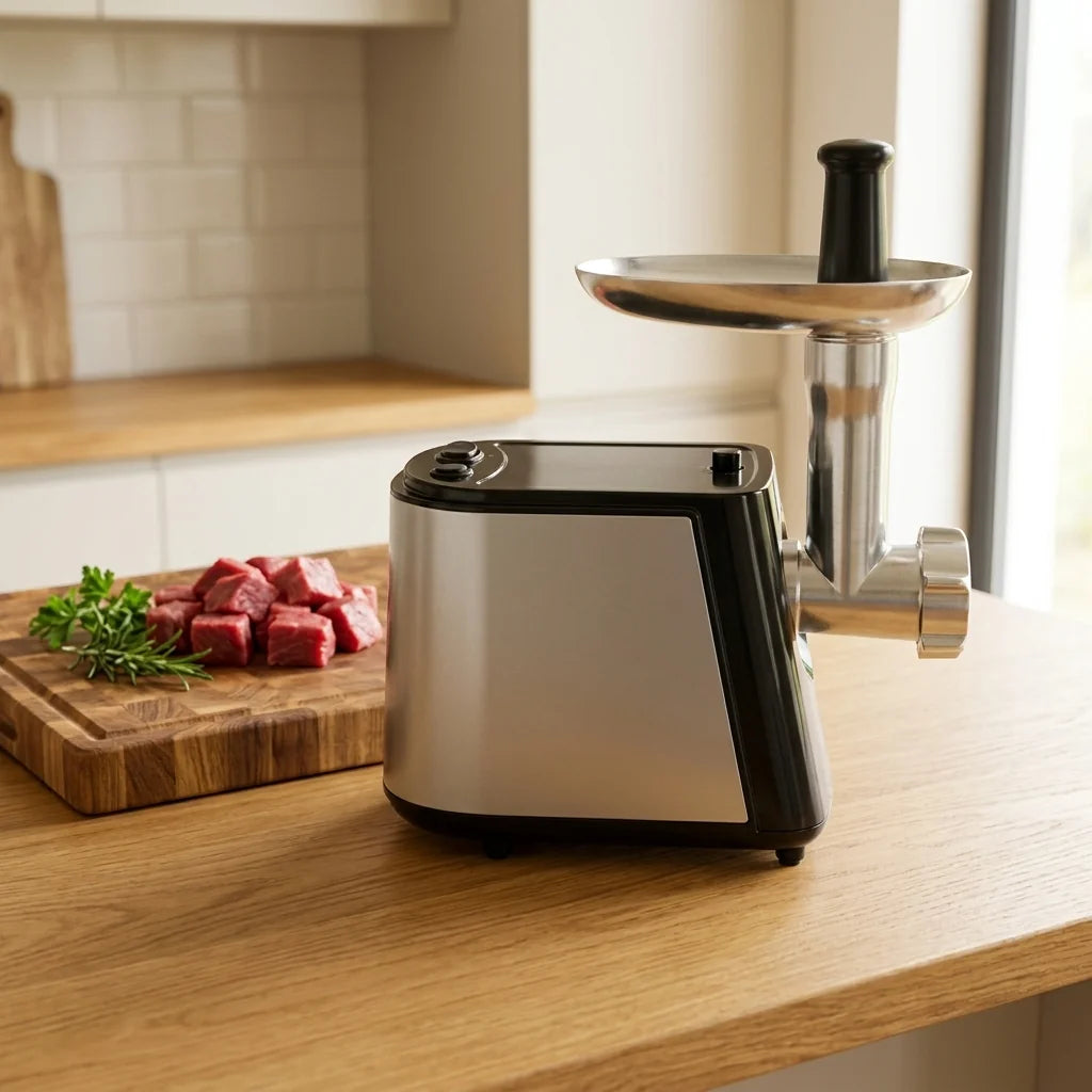 Hachoir à viande électrique 750W posé sur un plan de travail en bois