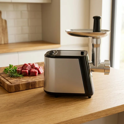 Hachoir à viande électrique 750W posé sur un plan de travail en bois