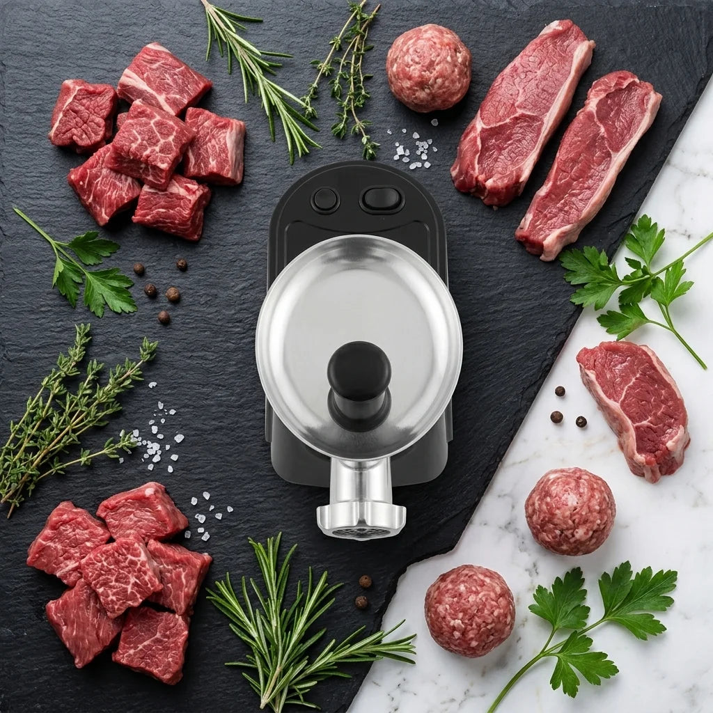Hachoir à viande électrique 750W et ses accessoires disposés à plat