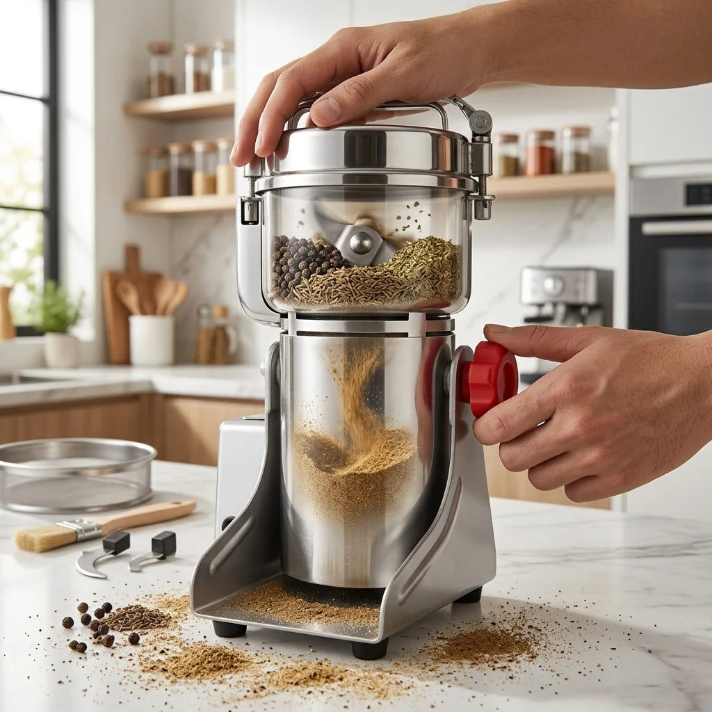 Hachoir inox epices grains - demonstration broyage epices