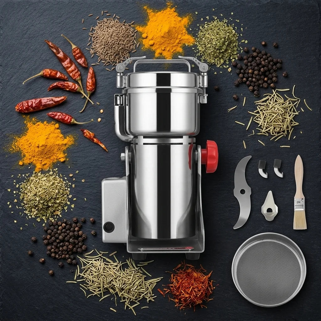 Hachoir inox epices grains - flat lay premium