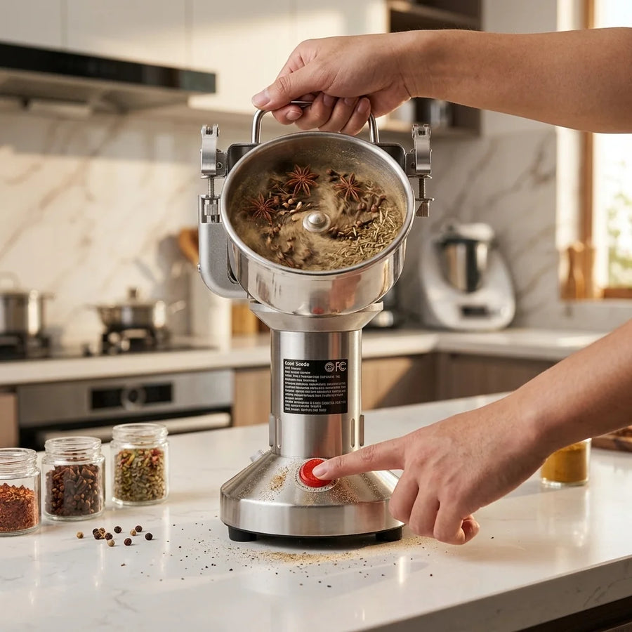 Hachoir inox vertical 300g - demonstration broyage epices