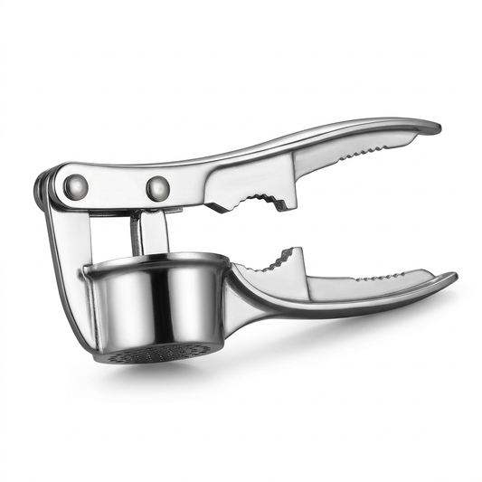 Presse-ail inox à cuve ronde avec casse-noix, vue produit sur fond blanc