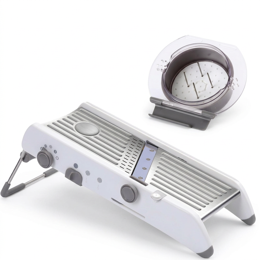 Mandoline réglable 18 coupes avec poussoir, vue produit sur fond blanc