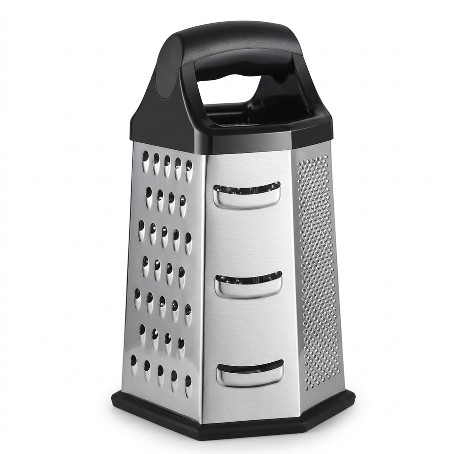 Râpe inox professionnelle 6 faces, vue produit sur fond blanc