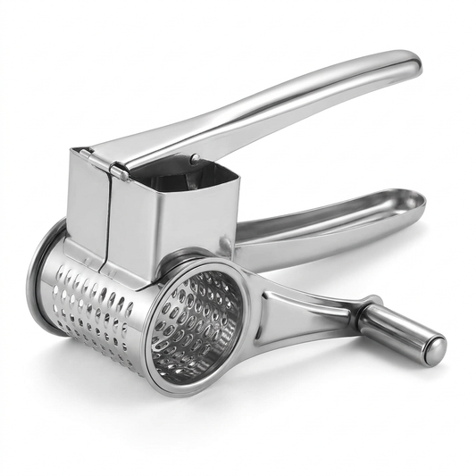 Râpe à tambour inox à manivelle, vue produit sur fond blanc