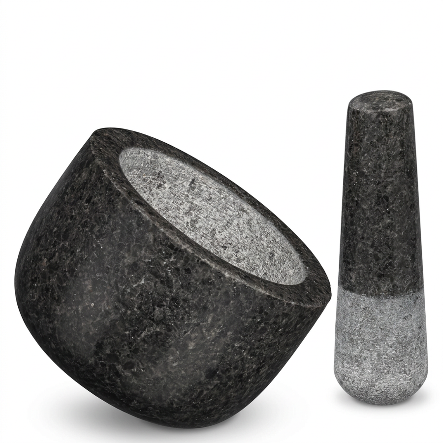 Petit mortier et pilon en granit 100 ml, vue produit sur fond blanc
