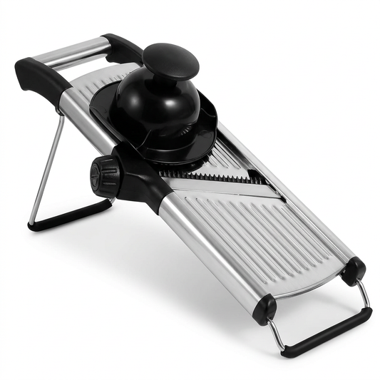 Mandoline professionnelle inox réglable 1 à 9 mm, vue produit sur fond blanc