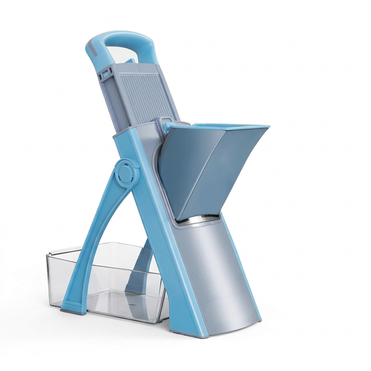 Mandoline verticale avec bac de récupération bleue, vue produit sur fond blanc