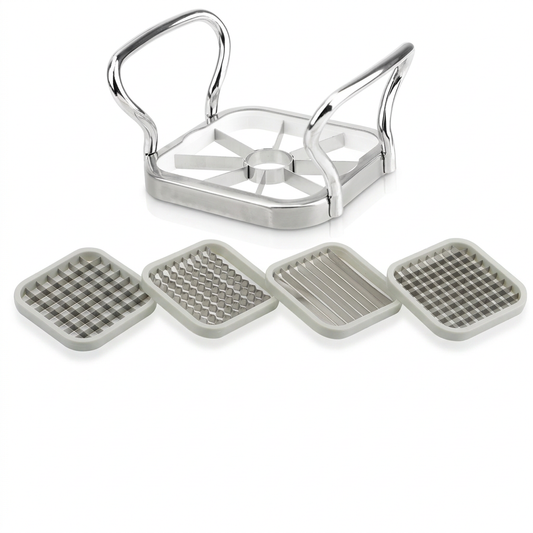 Coupe-frites 5 en 1 inox avec vide-pomme, vue produit sur fond blanc