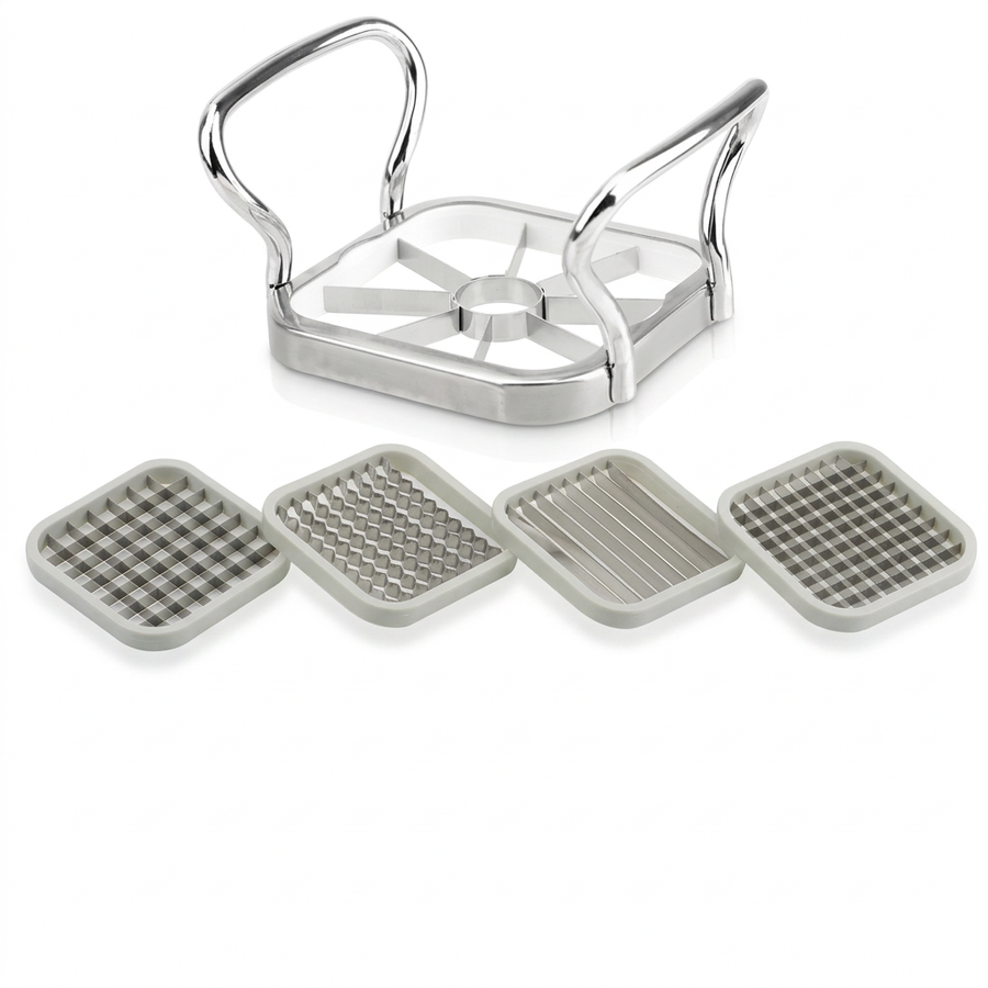 Coupe-frites 5 en 1 inox avec vide-pomme, vue produit sur fond blanc