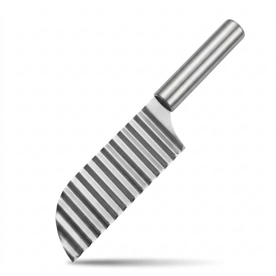 Couteau à frites ondulées inox, vue produit sur fond blanc