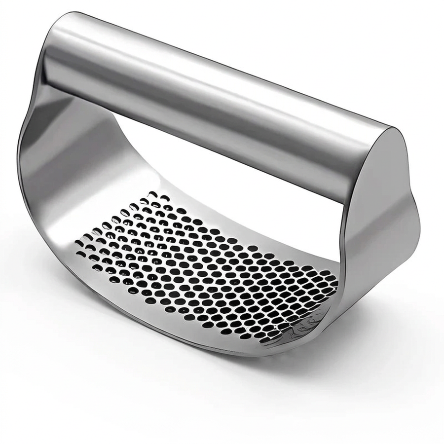 Hachoir à ail inox à bascule, ail et gingembre, vue produit sur fond blanc