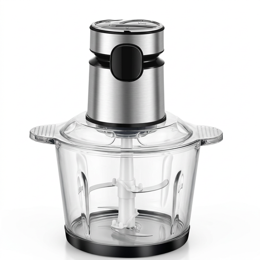 Hachoir électrique bol verre 2 L, 3 vitesses et minuterie, vue produit sur fond blanc