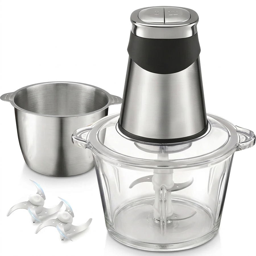Hachoir électrique 2 bols, verre 1,8 L et inox 2 L, vue produit sur fond blanc