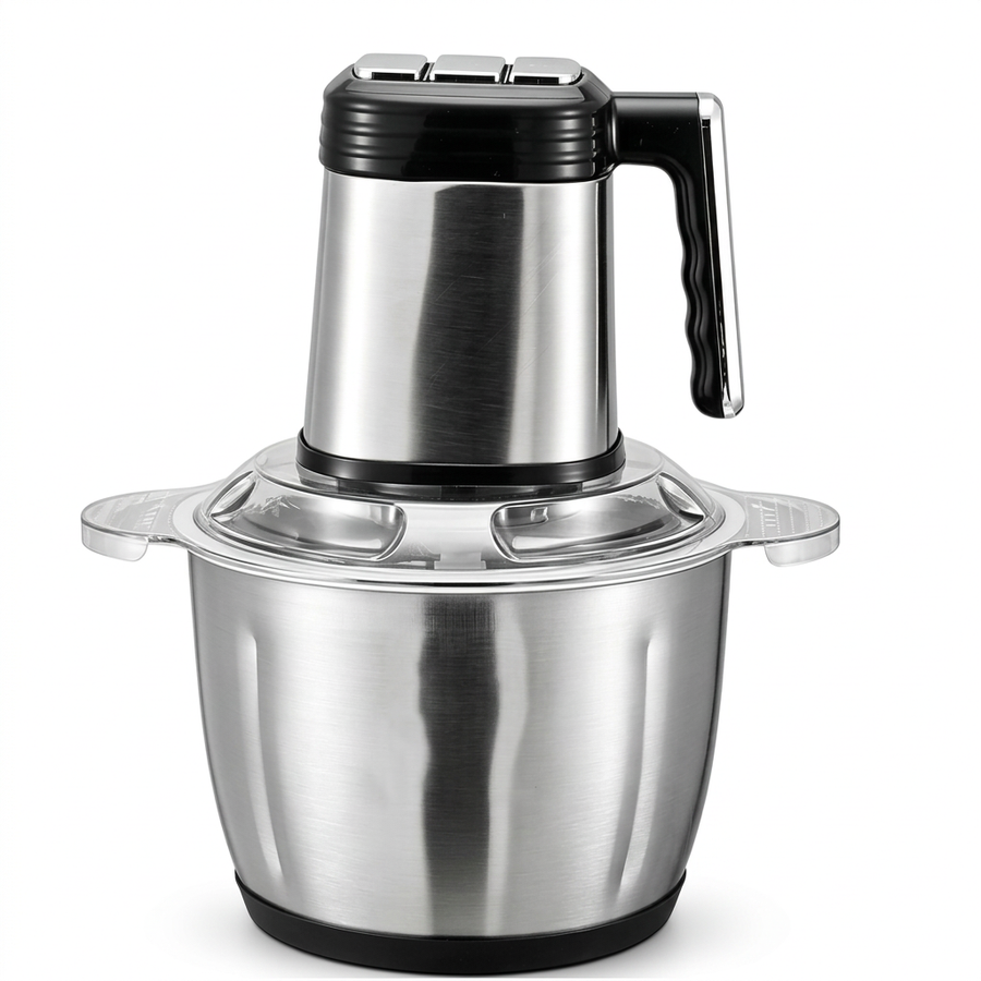 Hachoir électrique inox 3 L, 3 vitesses, verrou de sécurité, vue produit sur fond blanc