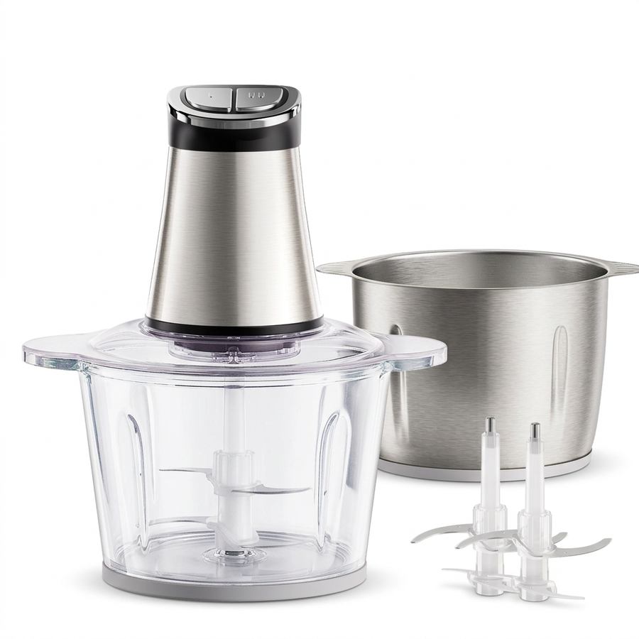 Mini hachoir électrique 300 W, bols inox et verre, vue produit sur fond blanc