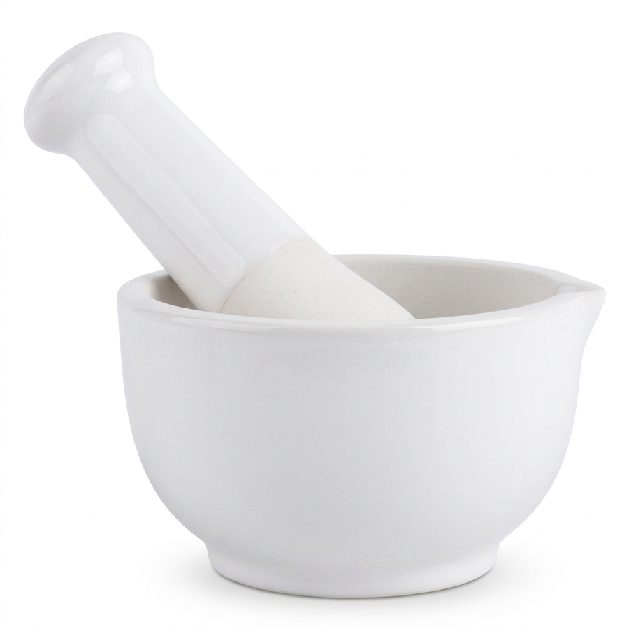 Mortier et pilon en pierre blanche, vue produit sur fond blanc