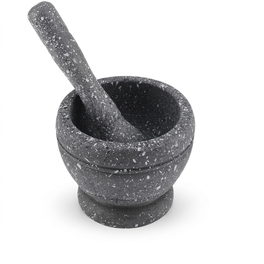 Mortier et pilon léger pour ail, herbes et épices, vue produit sur fond blanc