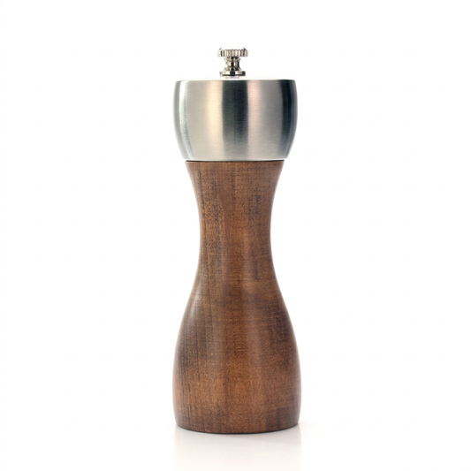 Moulin à sel en hêtre premium 13 cm, tête inox, vue produit sur fond blanc