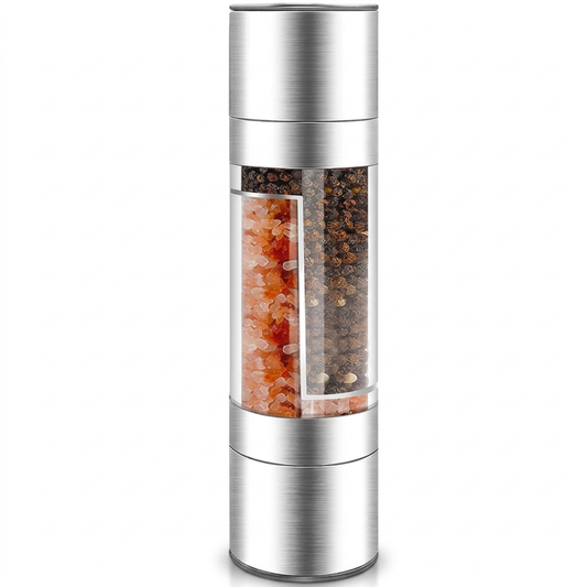 Moulin à sel et poivre 2 en 1 inox, vue produit sur fond blanc