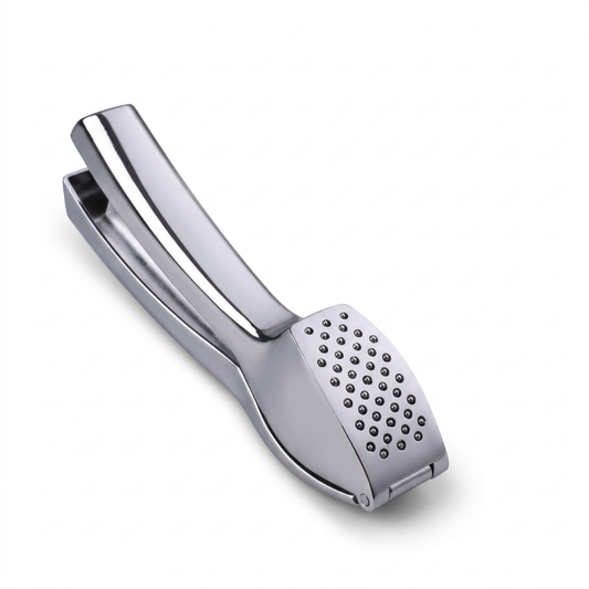 Presse-ail à levier courbe, zinc et inox, vue produit sur fond blanc