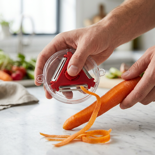 Trio d'éplucheurs : lisse, julienne et dentelé, en cours d'utilisation