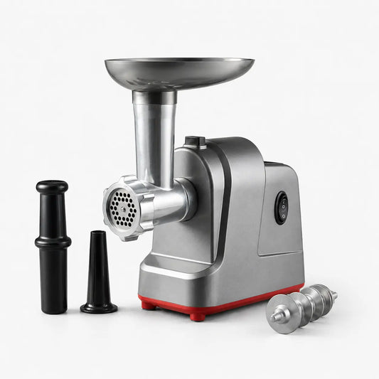 Hachoir à viande électrique 350W avec 3 disques inox présenté sur fond neutre